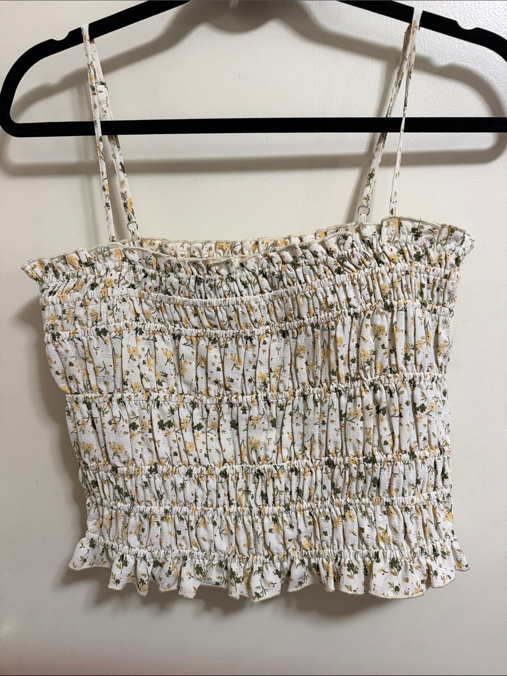 Lush White Smocked Floral Spaghetti Strap Crop Top